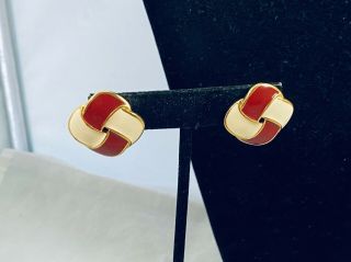 Vtg.  Monet Cream & Red Enamel Gold Tone Ribbons Pierced Earrings