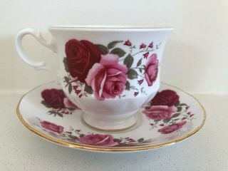 Vintage Queen Anne China Footed Teacup Saucer Pink & Red Roses: Pattern 8523
