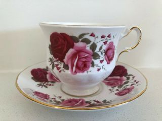 Vintage Queen Anne China Footed Teacup Saucer Pink & Red Roses: Pattern 8523 2