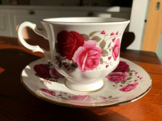 Vintage Queen Anne China Footed Teacup Saucer Pink & Red Roses: Pattern 8523 3