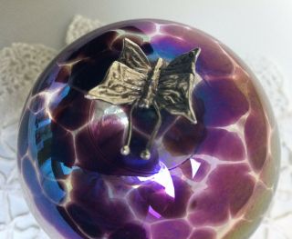 John Ditchfield Glasform Iridescent Mushroom Paperweight With Silver Butterfly