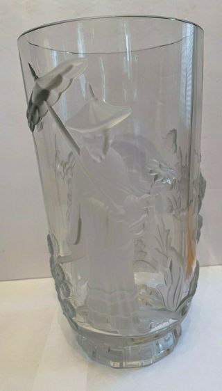 Verlys France Asian Mandarin Frosted High Relief 9 " Art Glass Vase Signed