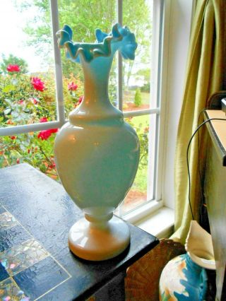 French Opaline Vase Blue Bristol Glass Crimped Mantle Vase Victorian