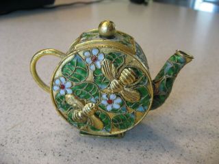 Vintage Gold Floral Nyco Enameled Art Cloisonné Tea Pot Figurine 4 " L X 3 " T
