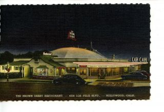 Night View - Brown Derby Restaurant - Hollywood - California - Vintage 1953 Postcard