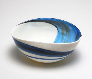 Home Decor - " Aegean Sea " Murano Glass Bowl - Ivory / Blue Swirl - 7 " X 3.  5 "