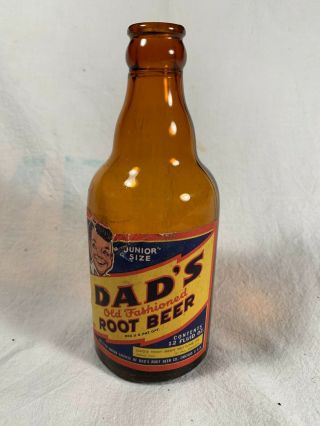Vtg Dad’s Old Fashioned Root Beer Paper Label Bottle 12oz Squatty Amber Glass