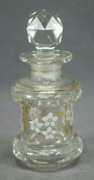 Bohemian Moser Style Hand Enameled Floral & Gold Cut Glass Perfume Scent Bottle