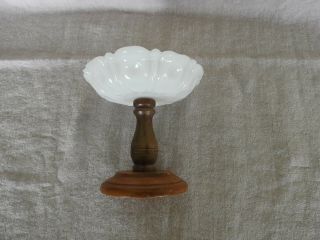 Vintage Pedestal Ashtray Milk Glass & Wood