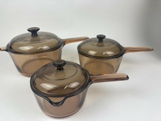 6 Pc Set Corning Pyrex Visions Ware Amber Glass Pots Sauce Pan Cookware W/ Lids