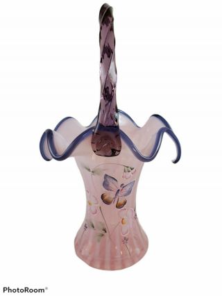 Fenton Designer Showcase Series - Pink Rib Optic Opalescent Basket Vase Signed