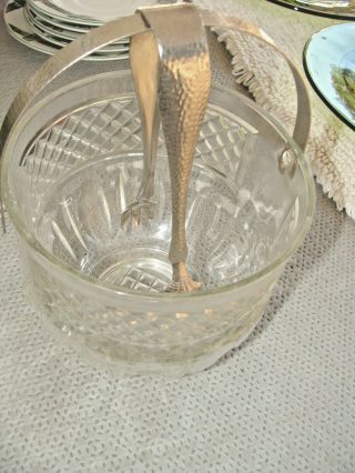Vintage Prescut Glass Ice Bucket Hammered Aluminum Tongs & Handle