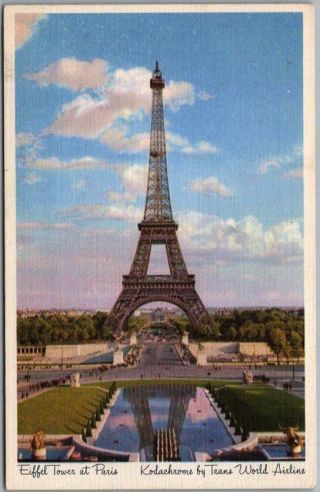 Vintage Twa Airlines Advertising Postcard " Eiffel Tower At Paris " Linen C1940s