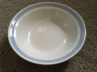 Stoneware Bowls (6),  Stoneware Cups (3) Japan Vtg Mid Century White W Blue Trim