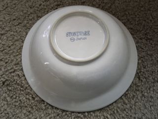 Stoneware Bowls (6),  Stoneware Cups (3) Japan Vtg Mid Century White w Blue Trim 3