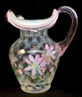 Fenton Hand Painted Daisy Lane On French Opalescent Pitcher Pink Chiffon Crest