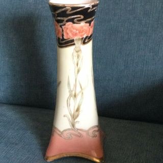 Bavaria,  Hand Painted Cylindrical Porcelain Vase,  Gold Leaf,  Pink Carnations.