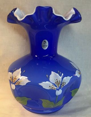 Fenton Art Glass Hand Painted White Blossoms On Cobalt Overlay Pinch Vase Qvc