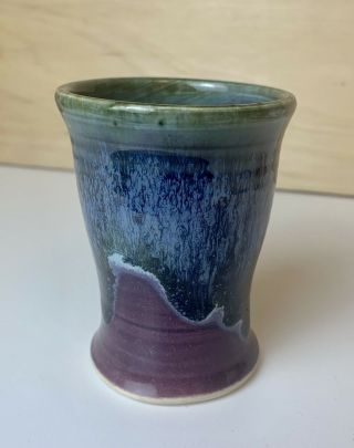 Art Studio Pottery Small 4” Vase Purple Blue Green Glaze Signed Mlsp 18