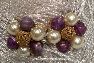 Vintage Pair Lisner Clip Earrings Signd Purple Beads,  Faux Pearls
