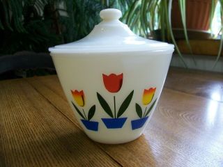 Fire King Oven Ware Milk Glass Tulips Grease Jar Bowl With Lid Vintage