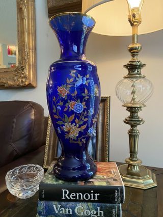✅ 1960s Italian Norleans Very Large Blue Glass Vase Butterflies Flowers
