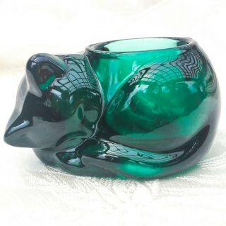 Vintage Indiana Glass Sleeping Kitten Cat Dark Green Glass Votive Candleholder