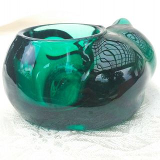 Vintage Indiana Glass Sleeping Kitten Cat Dark Green Glass Votive Candleholder 3