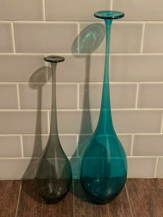 Large Blue & Gray Hand Blown Glass Mid Century Style Flange Top Bottles.