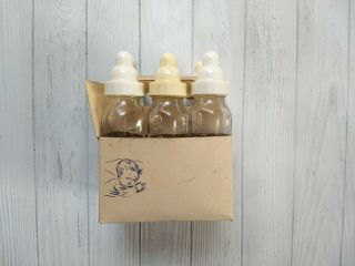 Vintage Evenflo Davol Glass Baby Bottles And Caps In Carrier Set Of 6