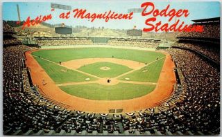 Vintage 1960s Dodger Stadium Los Angeles Postcard Baseball Game Scene Chrome