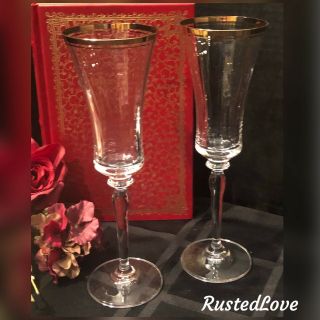 Mikasa Jamestown Champagne Flutes Gold Rim Wedding Toasting Glasses - Set Of 2