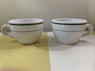 Set Of 2 Buffalo China Coffee Cups Green Stripe Restaurant Ware 8oz