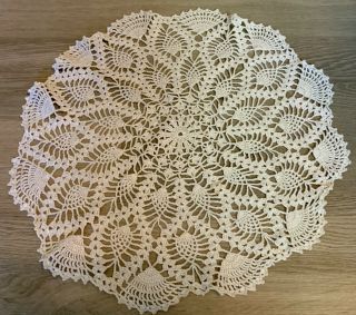 Vintage Hand Crocheted Round Large Doily,  Cotton,  Off White,  Silver,  Pineapple