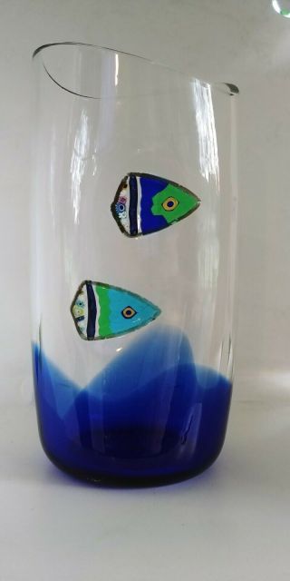 Rare Vintage Alfredo Barbini Signed Murano Glass Vase With Applied Fish 1980s