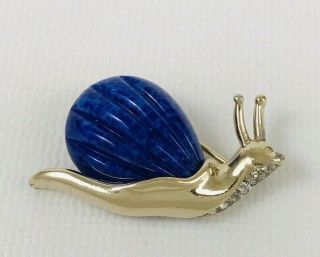 Vintage Panetta Snail Figure Brooch Pin Jelly Belly Faux Lapis Blue Rhinestone