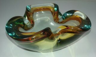 Murano Ash Tray Large Mid Century Art Glass Hand Blown Tri Bowl Amber / Green