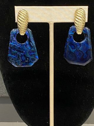 Vintage Blue Paua Abalone Seashell Dangle Earrings