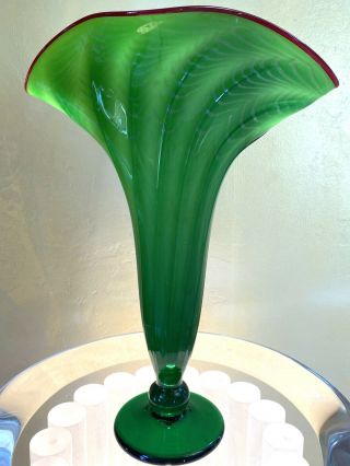 Hand Blown Green Glass Scalloped Vase Signed By Rick Strini