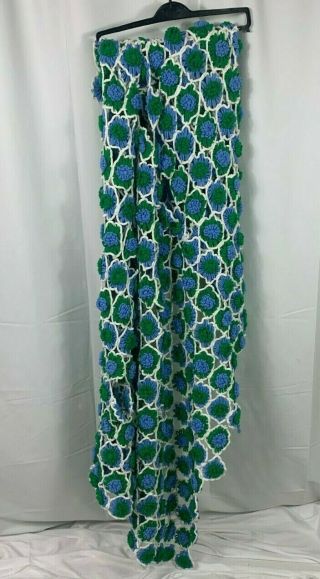 Vintage Handmade 3d Daisy Flower Crochet Afghan Blanket Throw Green Blue Flawed
