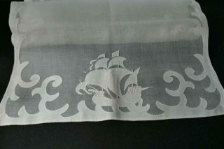 Vintage Madeira Wh Linen & Organdy H Embroidery Applique Sail Ship Boat Runner