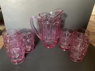 Moon And Stars Glass Weishar Water Set Pink Pitcher & 6 Tumblers