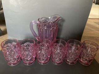 Moon and Stars Glass Weishar Water SET Pink Pitcher & 6 Tumblers 2