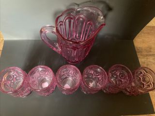 Moon and Stars Glass Weishar Water SET Pink Pitcher & 6 Tumblers 3