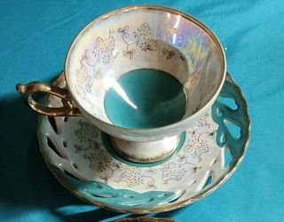 Vintage Lefton Japan Teal Green / Gold Tea Cup And Reticulated Saucer
