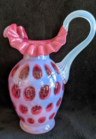 1997 Fenton CRANBERRY RED COIN DOT PITCHER EWER w Reeded Handle Commemorative Pc 2