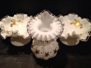 3 Pc Set Fenton Silver Crest Melon Jack In Pulpit Vase & Comports Gold Flowers