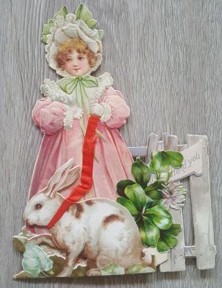 Vintage Victorian Easter Card Little Girl Rabbit Bunny Stands Die Cut 1930 
