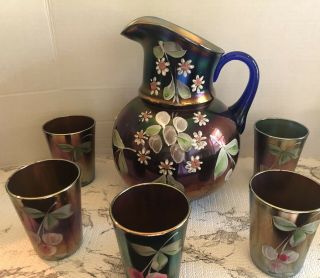 Fenton Cobalt Blue Carnival Glass Cherry Blossom Water Pitcher With 6 Tumblers