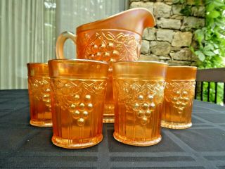 Northwood Grape & Gothic Arches Marigold Carnival Glass Pitcher & 4 Tumblers